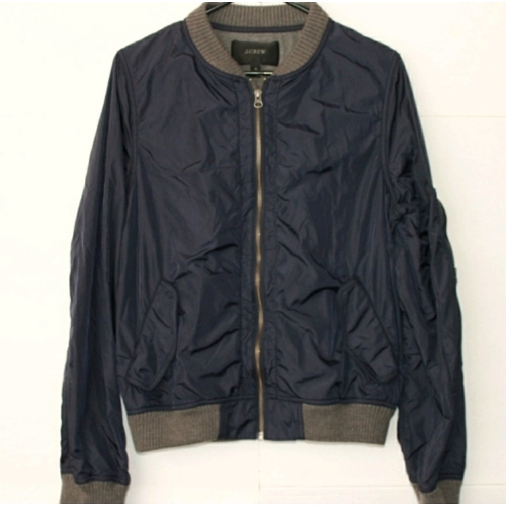 J. Crew navy Blue sweatshirt lined nylon bomber Jacket with Gray Accents small
